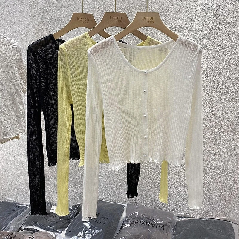 

Ice silk sunscreen cardigan for women, white thin knitted air conditioning shirt, short cover-up jacket