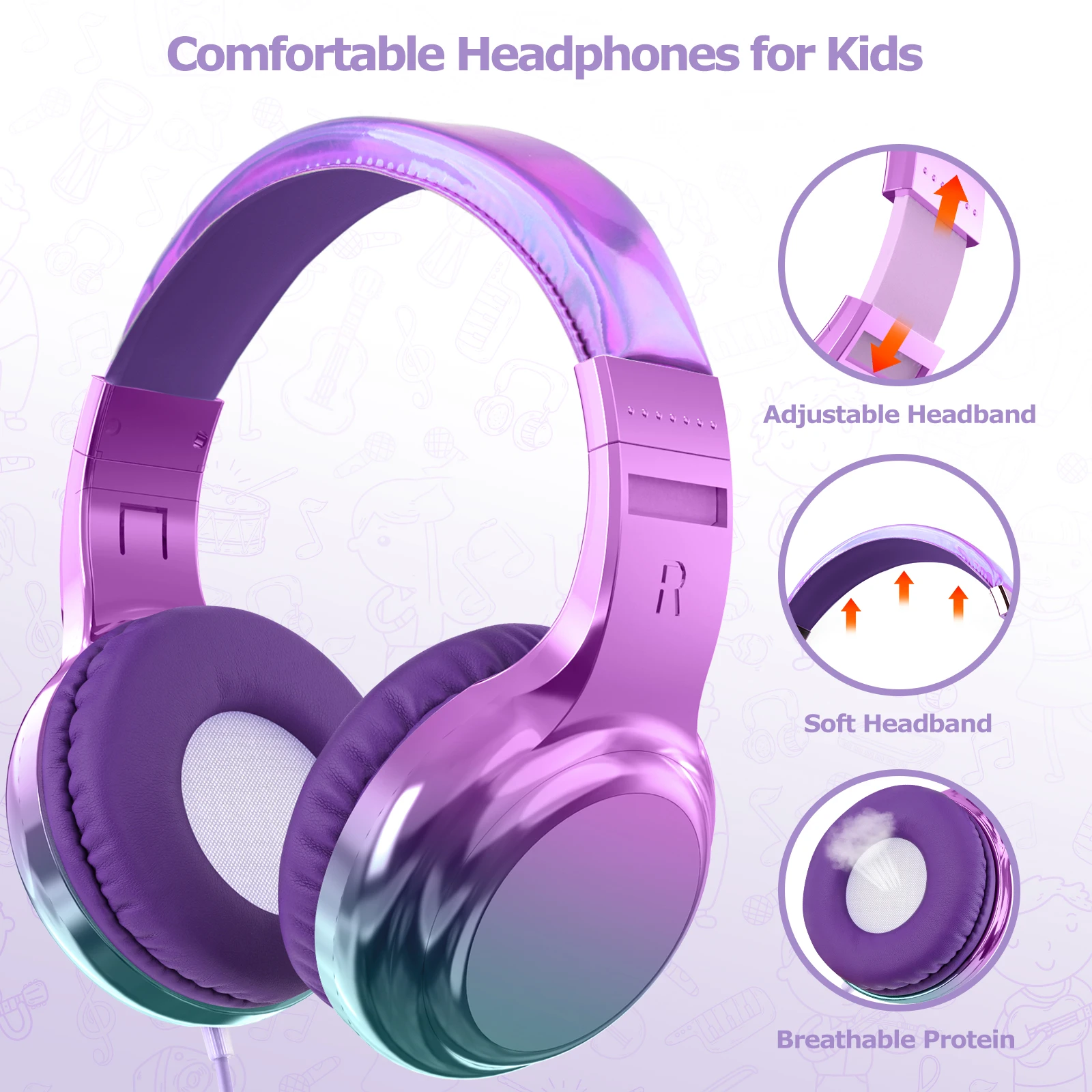 Auriculares con cable degradado para niños con micrófono, auriculares para niñas, auriculares estéreo ajustables para juegos de música, auriculares ligeros, regalos para niños