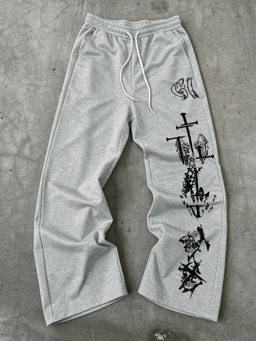 Harajuku Tribal Dragon Vertical Japanese Text Print Wide Leg Sweatpants Drawstring Soft Asian Street Loose Trousers