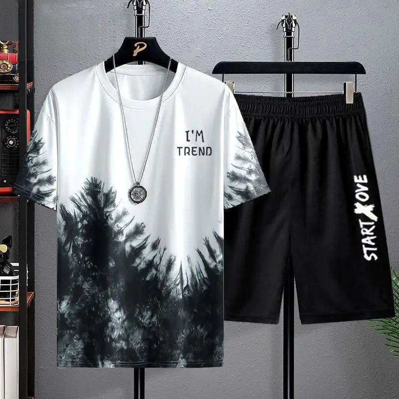 

Men's Casual Sportswear Set ort Sve Ice Silk Loose Fit Summer T-irt And orts Two-Piece Outfit Trendy And Sli