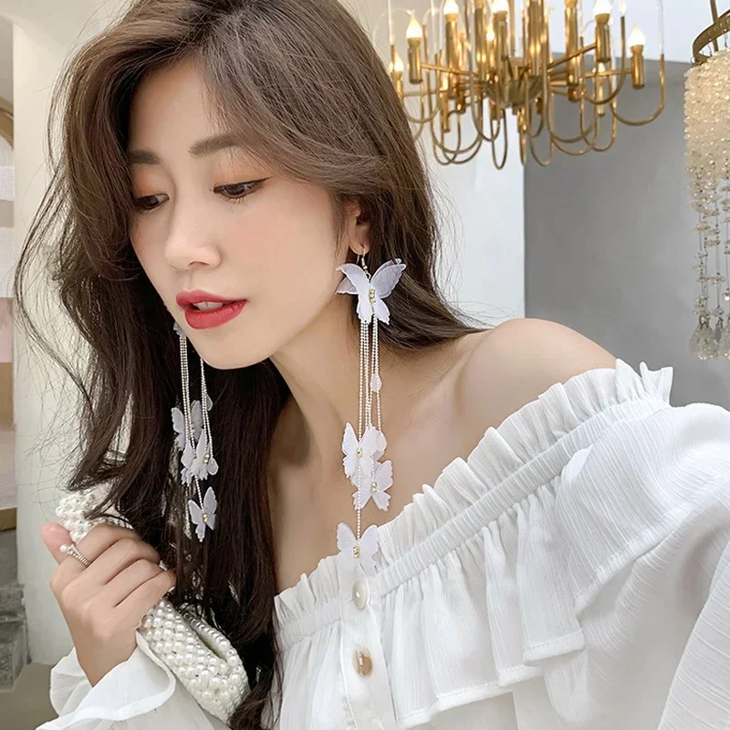 Long White Fashion Butterfly Earrings Bohemian Tassel Earrings Sweet Romantic Lovely Gift Holiday Parties Accessories for Women