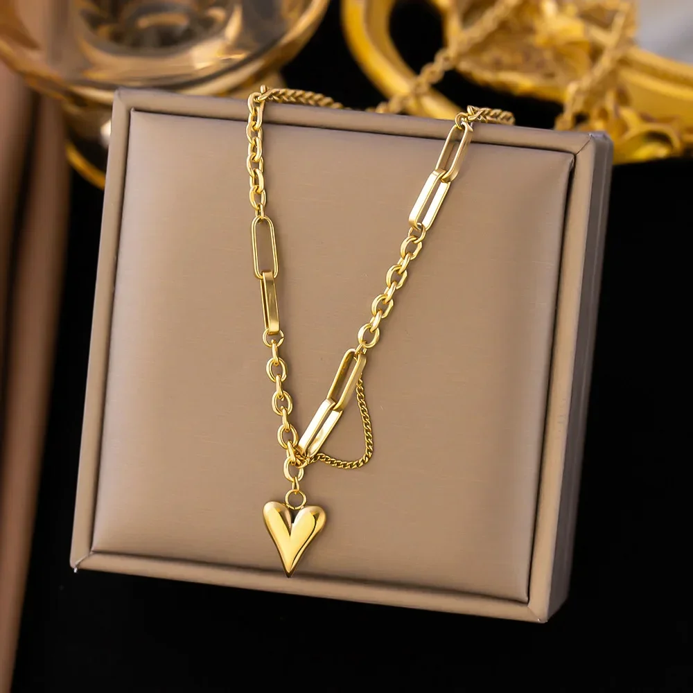 Minimalist Golden Stainless Steel Heart Hollow Pendant Necklace for Women Girls Rust Proof Stylish Charm Jewelry Bijoux Femme