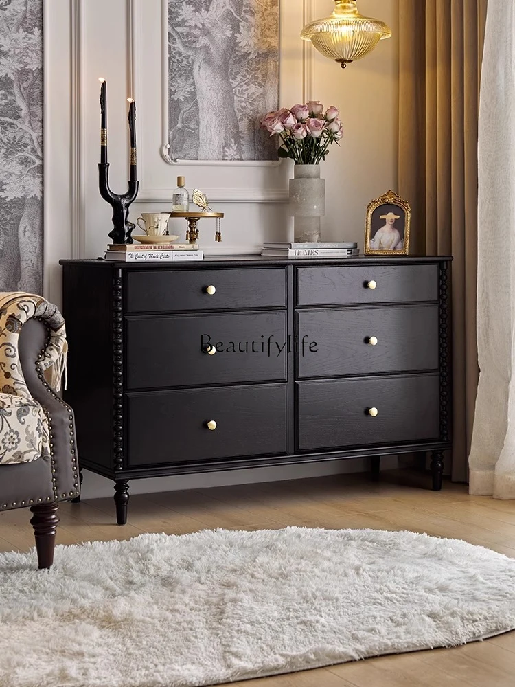 

American Light Luxury Modern Minimalist Wall-Mounted Black Drawer Storage Cabinet French Retro Solid Wood Locker