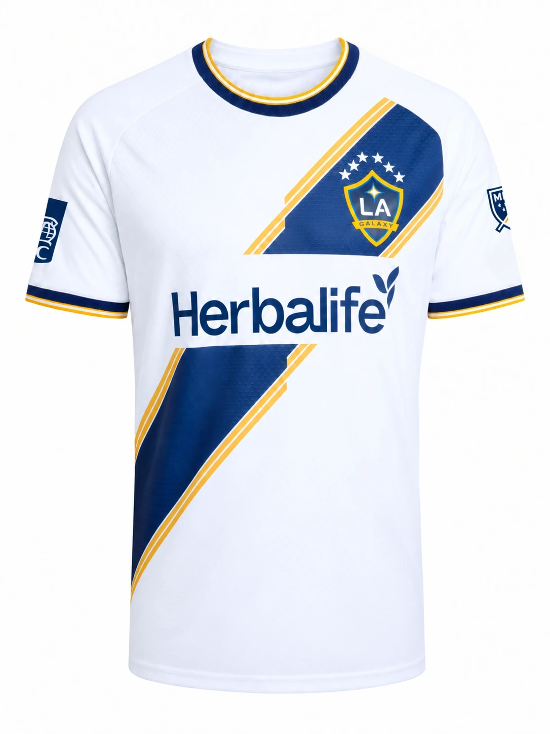 LA Galaxy 26-27 Home Soccer Jersey White Blue Gold Men Short Sleeve Crew Neck Football Shirt for Match Training
