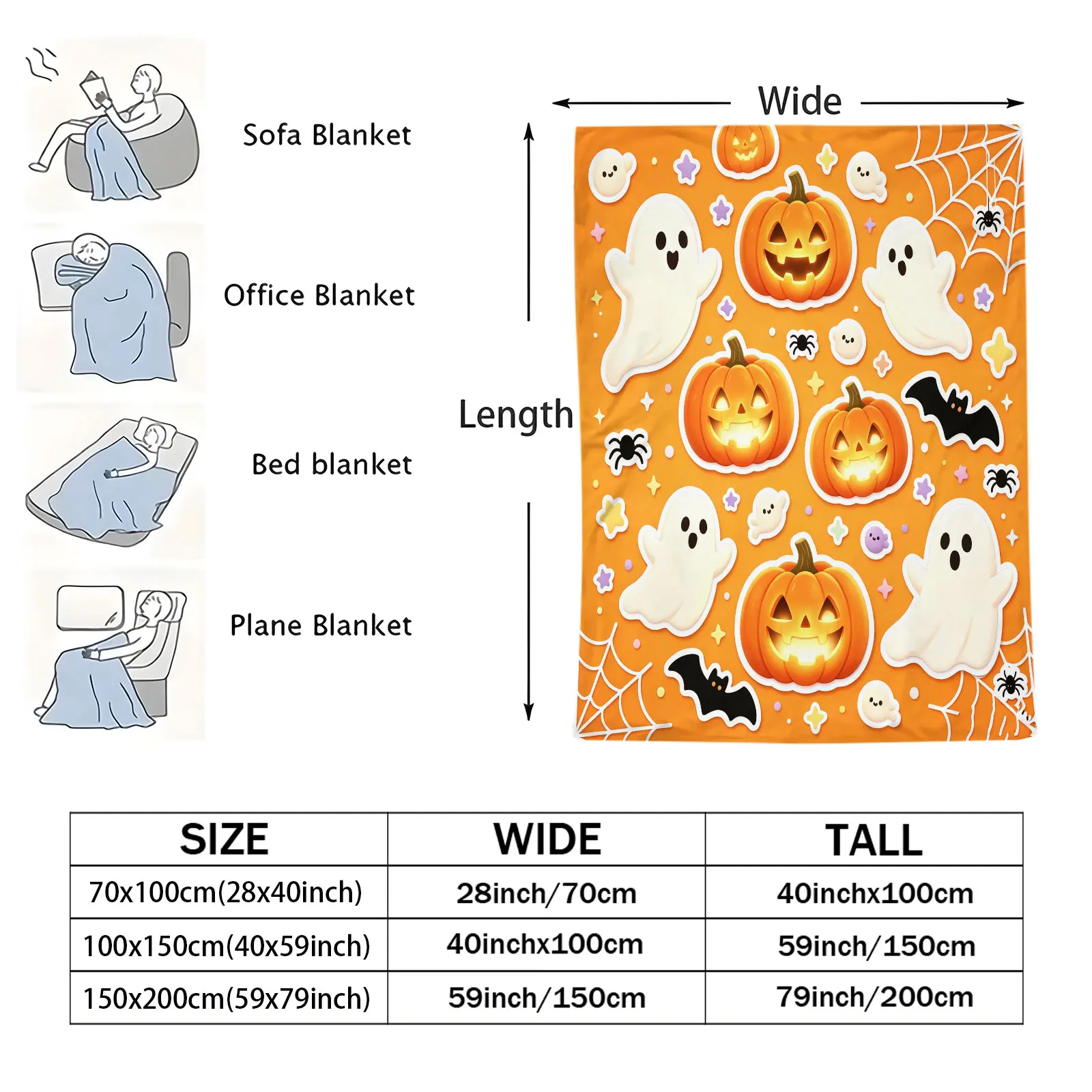Cute Halloween Flannel Throw Blanket Sticker‑Style Jack‑O‑Lantern Ghost Bat Spider Print Soft Cozy Plush Fleece Blanket Holiday