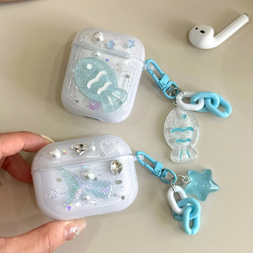 Earphone Case For AirPods 4 2024 Glitter Fish Mermaid Star Pearl Protective Case with Keychain for Airpods 1 2 3 4th Pro Pro2