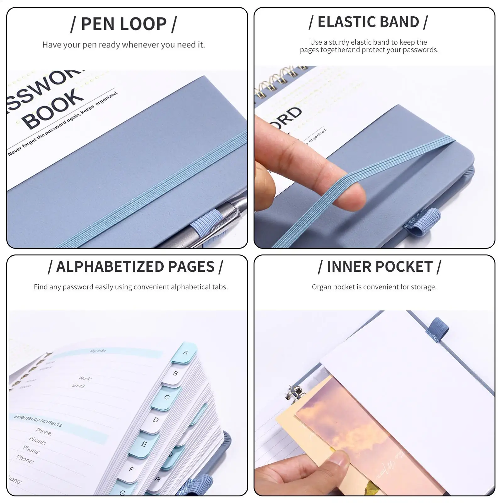 A6 Password Book Strap Notebook a spirale Sito web Username Password Record Notebook 112 pagine Password Keeper Libro Carta di cancelleria