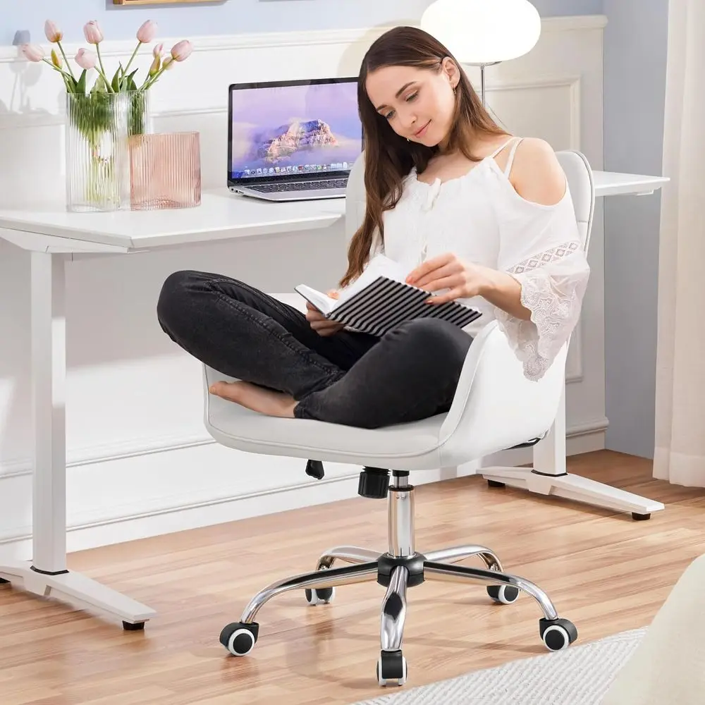 Ergonomic Adjustable Makeup Chair with Padded Armrests, Big Seat for Office, Bedroom, Living Room, White | Wide foam seat and ea view 6