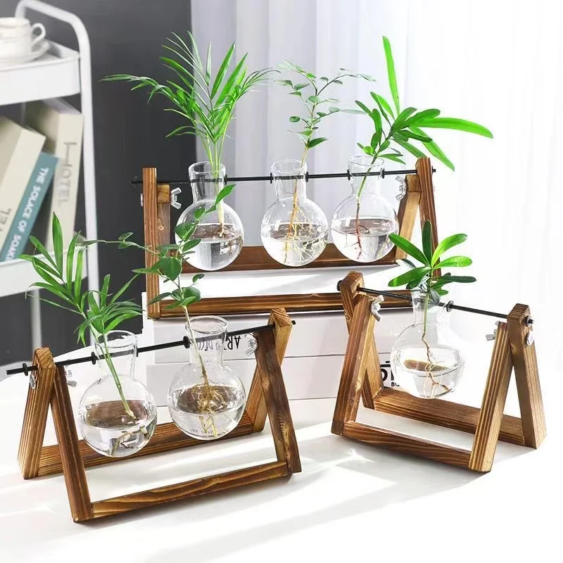 Terrarium Hydroponic Plant Vases with Wooden Stand Indoor Vintage Plant Flower Pot for Home Garden Office Desktop Decor Gift