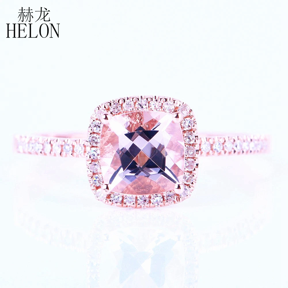 

HELON Solid 10k 14k 18k Rose Gold Cushion 6mm Natural Morganite Diamonds Engagement Wedding Ring Women Diamond Trendy Jewelry