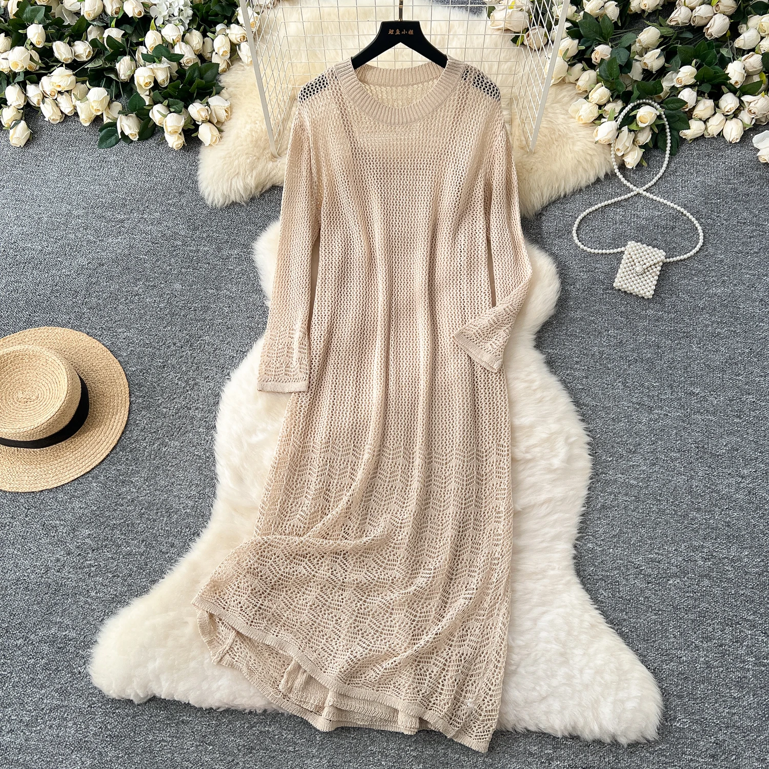 

2025 Spring And Autumn Seaside Vacation Hollow Pullover Round Neck Knitted Cardigan Dress Underwear Bottom Suspender Long Dress