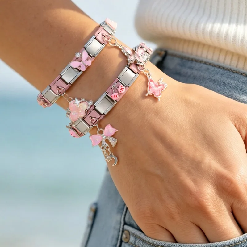 Fashionable New Pink Series Stainless Steel Elastic Bracelet Italian Links Slim Charm Bracelet Punk Watchband Wrist Band Jewelry