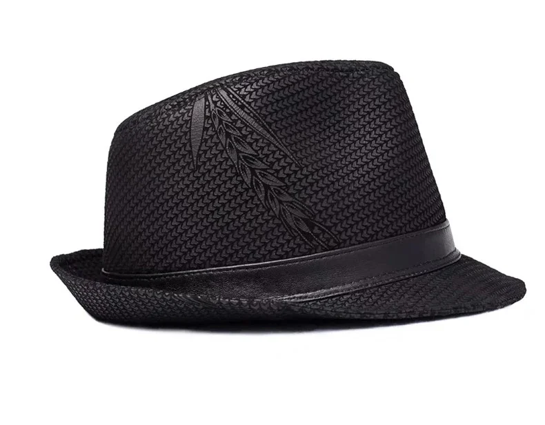 Fedora Hut Männer Frühling Winter Echtes Leder Wildleder Druck Schwarz GeometrieTop Hüte Für Frauen Britischen Herren Breite Krempe Durchführen – Detail 4