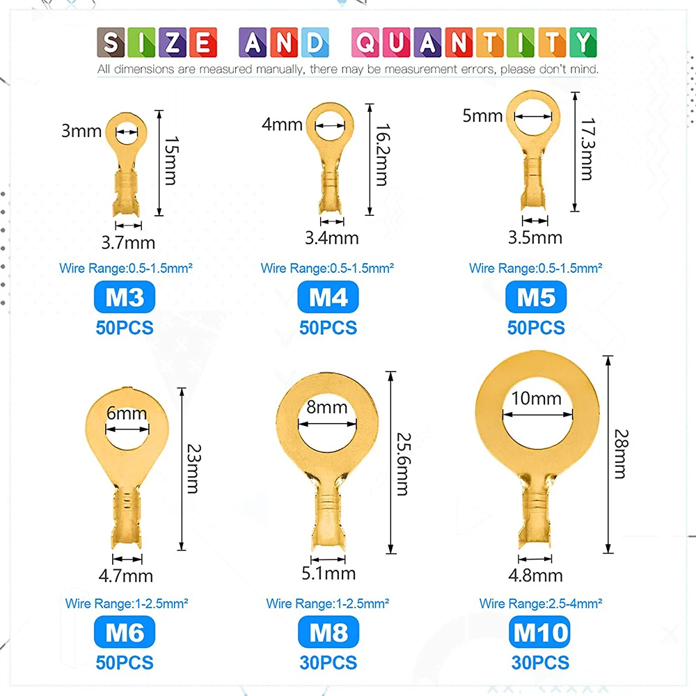 150/260pcs Uninsulated Wire Connector Assortment Kit M3/M4/M5/M6/M8/M10 Copper Crimp Ring Terminals