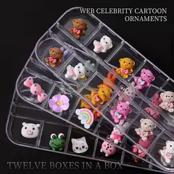 21pcs 3D Flower Box Cartoon Image Mouse Bear Resin Nail Ornament Pearl Flat Back Animal Wine Bow Art Decors Nail Accessories Kit