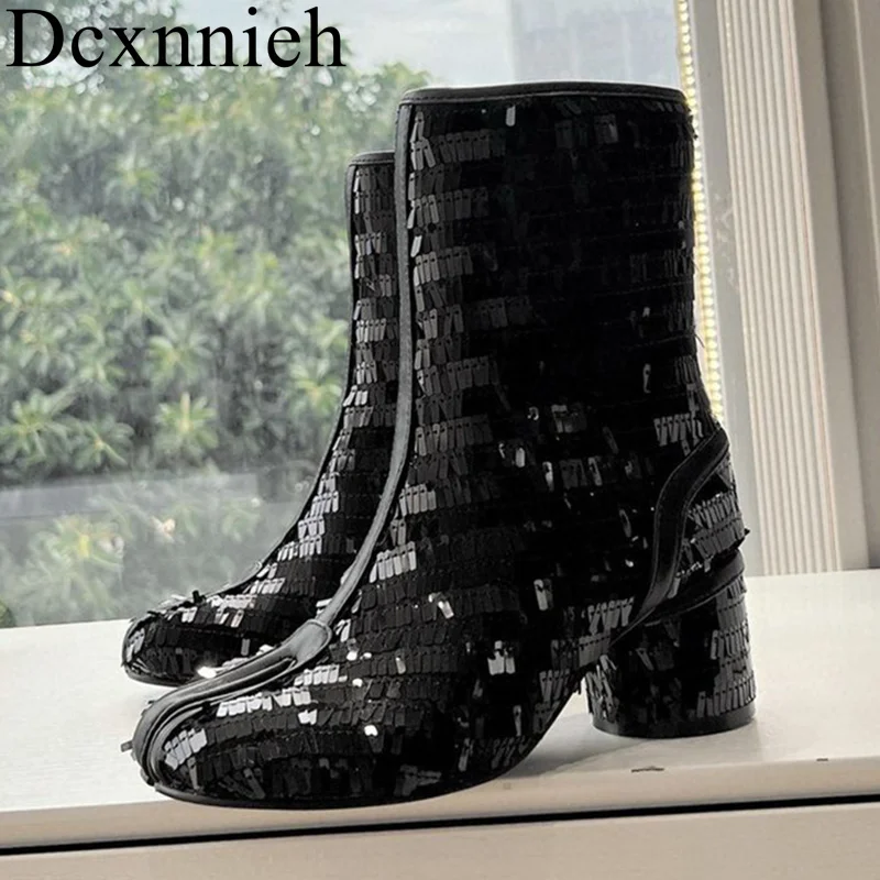 

Bling Bling Sequined Cloth Chunky High Heel Short Boots Women Split Shoes Ankle Botas Ladies Autumn Winter Work Short Boots