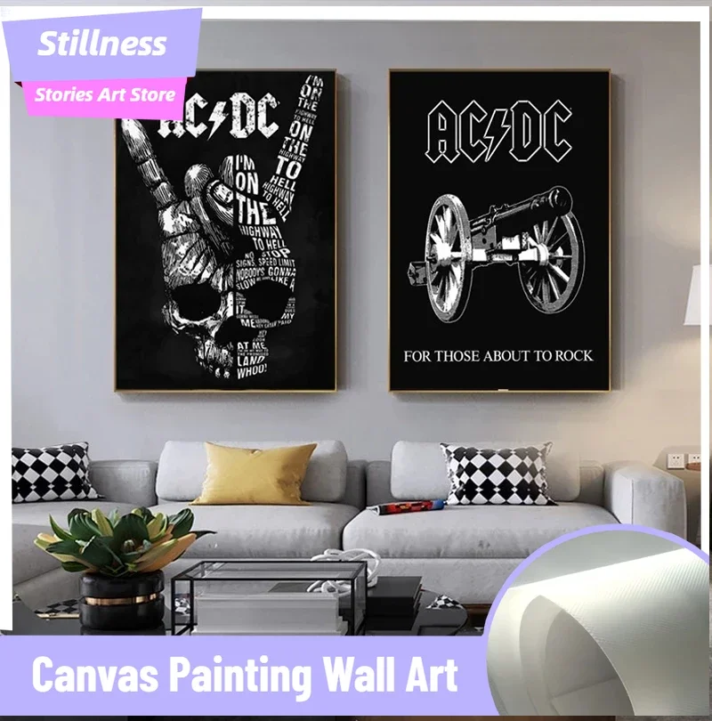 Stillness Stories  frameless Abstract Painting Print AC DC Skeleton and Gun Car Canvas Painting Poster Modern Wall Art Picture H