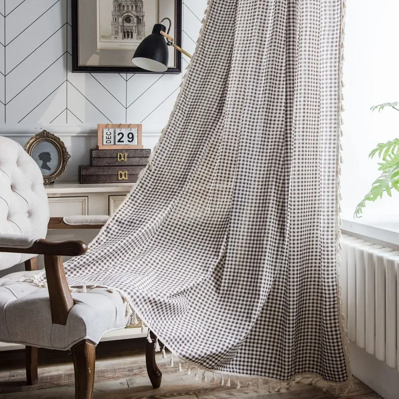 Cotton Linen Curtain Japanese Style Coffee Lattice Printing Curtain Semi-shading Blackout Window Bedroom Living Room Drape