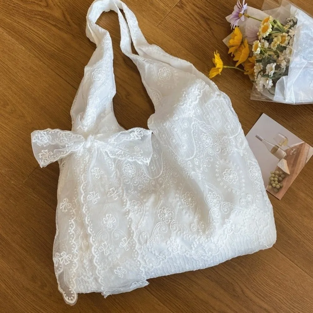 

Storage Bag Embroidery Lace Shoulder Bag With Ribbon Korean Style Canvas Handbag Vest Bag Tote Bag Large Capacity Bag Work