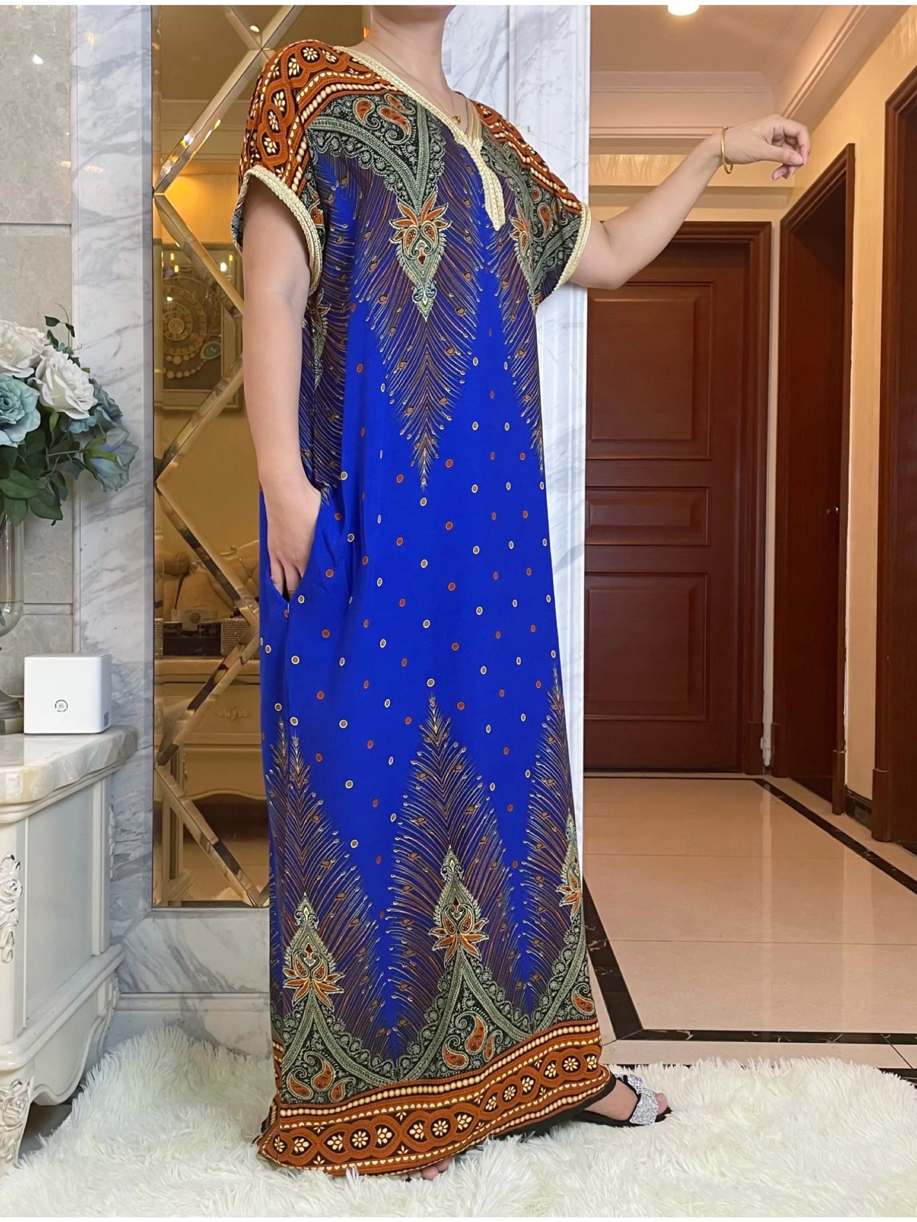 2022New Dubai Style Short Sleeve African Dashiki Floral Printing Cotton Abaya Caftan Elegant Lady Summer Maxi Casual Dresses