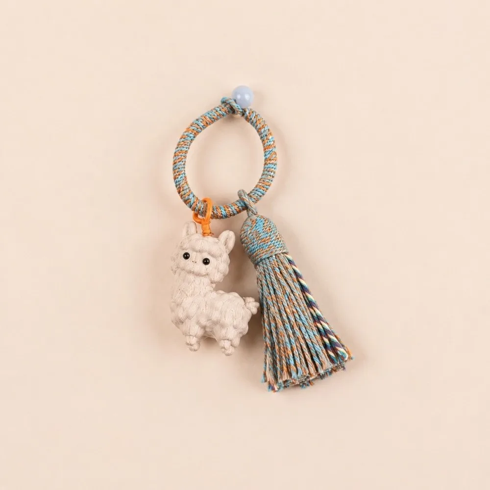 Wood Lamb Keychain Handwoven Tassel Accent Tassel Keychain Hanging Ring Handmade Craft Chinese Zodiac Sheep Pendant