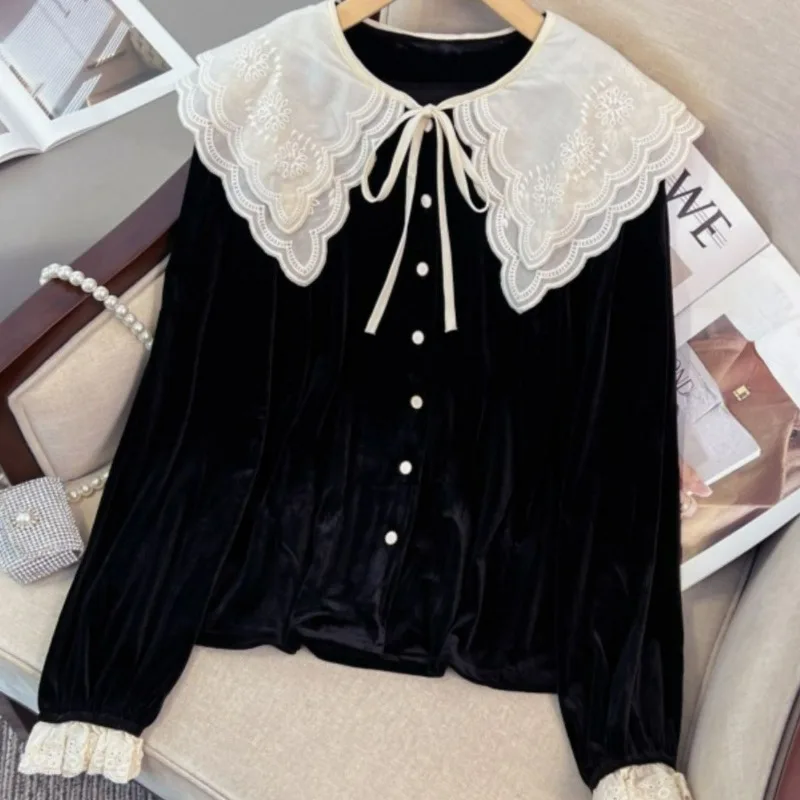 

Peter Pan Collar High Grade Chic Blusas Single-breasted Velvet Patchwork Shirts Vintage French Gentle Women Clothing Blouses