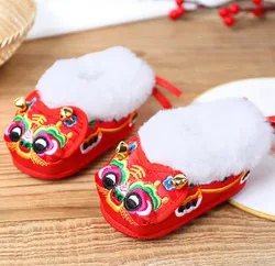 0-2y Baby First Walkers Autumn Winter Kids Tiger Head Shoes Newborn Chinese Style Embroidered Soft Bottom Warm Footwear
