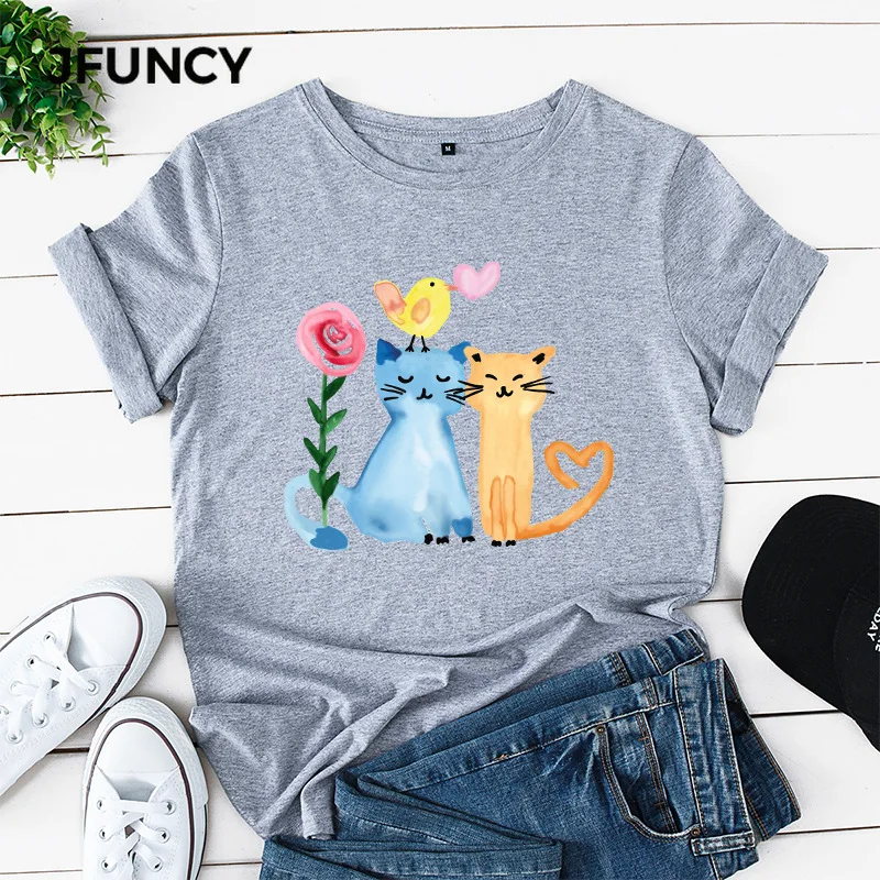 JFUNCY 100% Cotton Women's Tshirt Oil Painting Happy Cats Printed Shirts Summer  Short Sleeve Woman Tees Tops Dropship