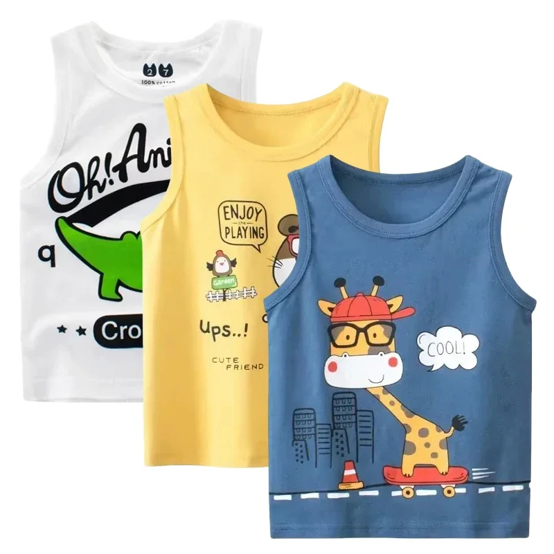 Cartoon Giraffe Vest for Boys 2025 Summer New Sleeveless Tees Shirts Children's Clothing Bear Print Cotton Kids Tops 2-10Y