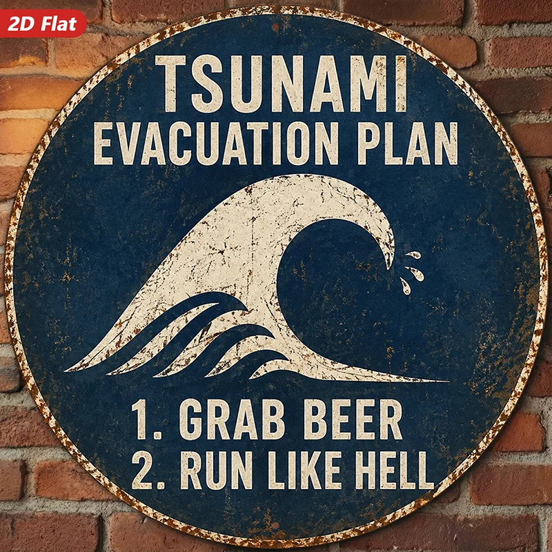 2D Flat, 1pc Tsunami Evacuation Round Metal Sign Wall Art, Home Decor, Tsunami Wave Graphic, Grab Beer Message, Perfect for Work