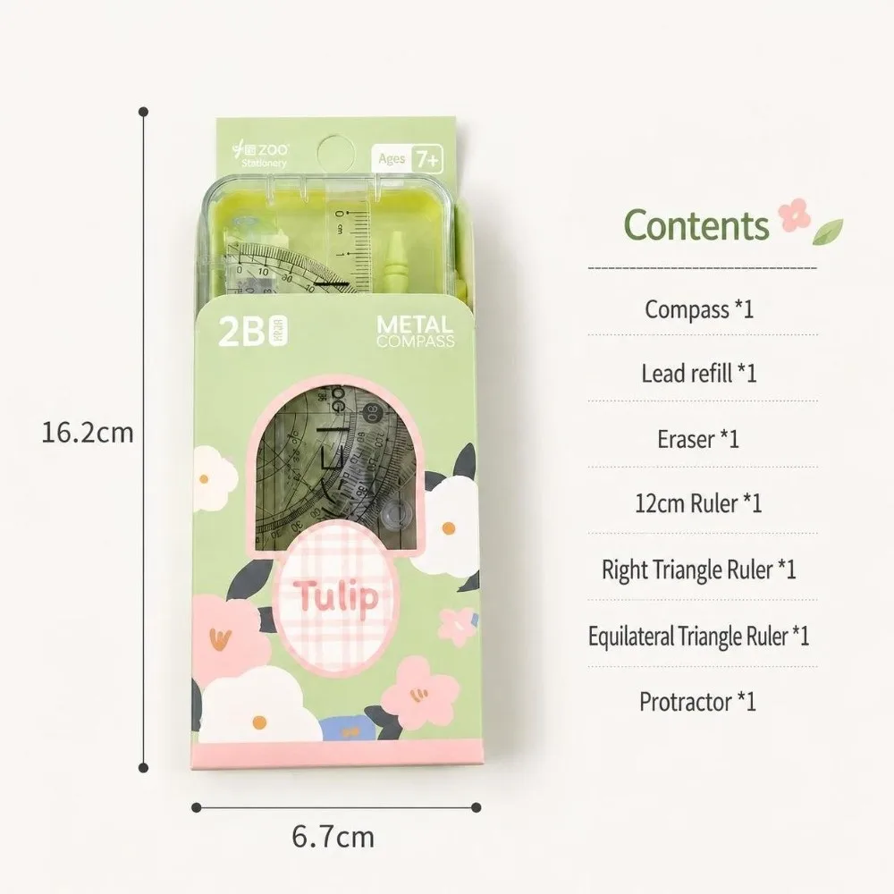 2/7pcs Multifunctional Tulip Student Compass Set Clear Scale Measuring Rulers Portable Geometry Ruler Kit Math Drawing Tool Gift