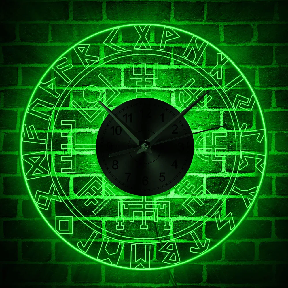 Viking Runes Acrylic LED Edge Lit Wall Clock Norse Rune Compass Luminous Wall Clock with LED Light Man Cave Bar Lighted Sign