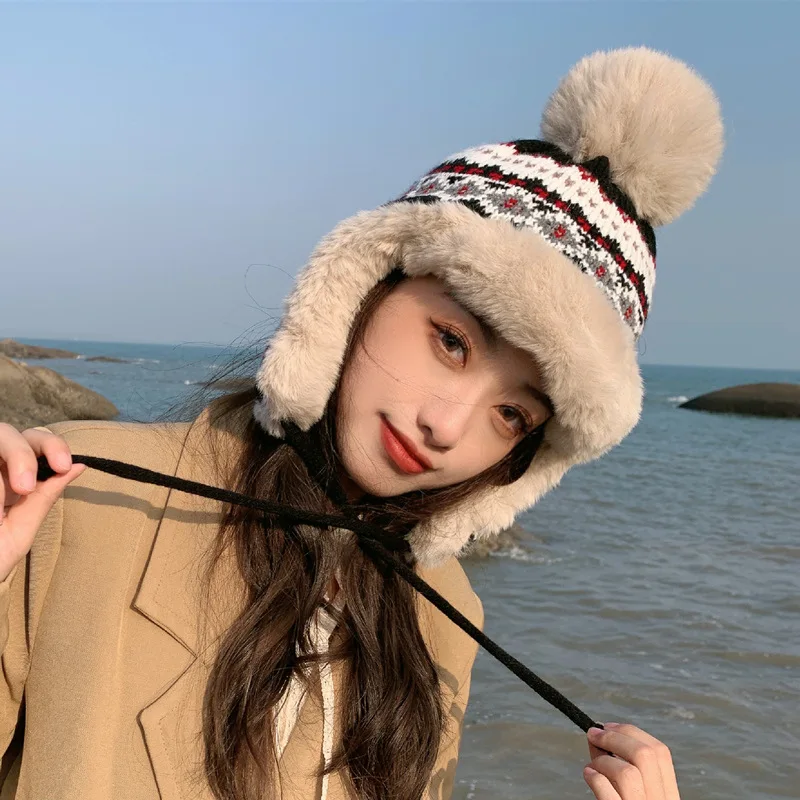 Winter Warm Plush Cotton Thickened Women\'s Lei Feng Hat Retro Versatile Ear Protection Cycling Work Cold Proof Ski Cap