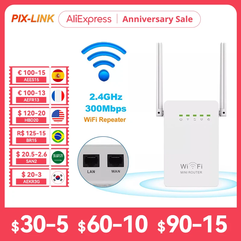 PIXLINK 300Mbps WiFi Router Amplifier Network Expander Repeater Power Extender Roteador 2 Antenna for TPLINK Xiaomi Tenda
