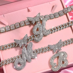 2023 Silver Color Prong Miami Cuban Chain Necklace Punk Crystal Butterfly Cursive Letter Cuban Necklace Hip Hop Jewelry Gifts