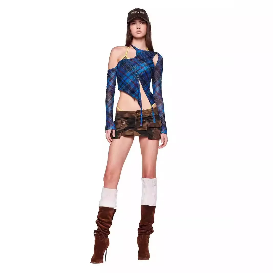 

Женская футболка IAMUBABAiia American Sle Long Sve с клетчатым дизайном, чувственным вырезом на плечах и асимметричным кроем