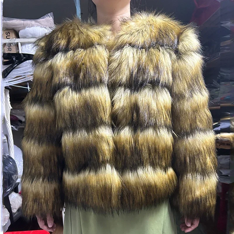 High Quality Cropped Faux Raccoon Fur Coat Women Winter Fashion O Neck Long Sleeve Fluffy Short Faux Fur Jacket Crop Top Outwear