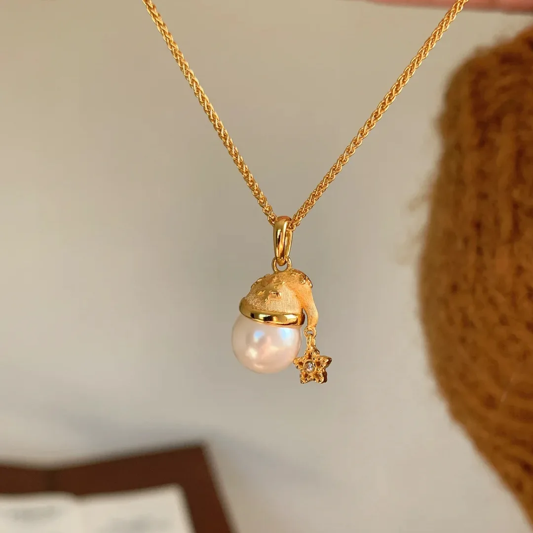 18K Real Gold Necklace Natural White Crystal Christmas Hat Pendant Wedding Engagement Jewelry for Girl Bizuteria Pendants gifts