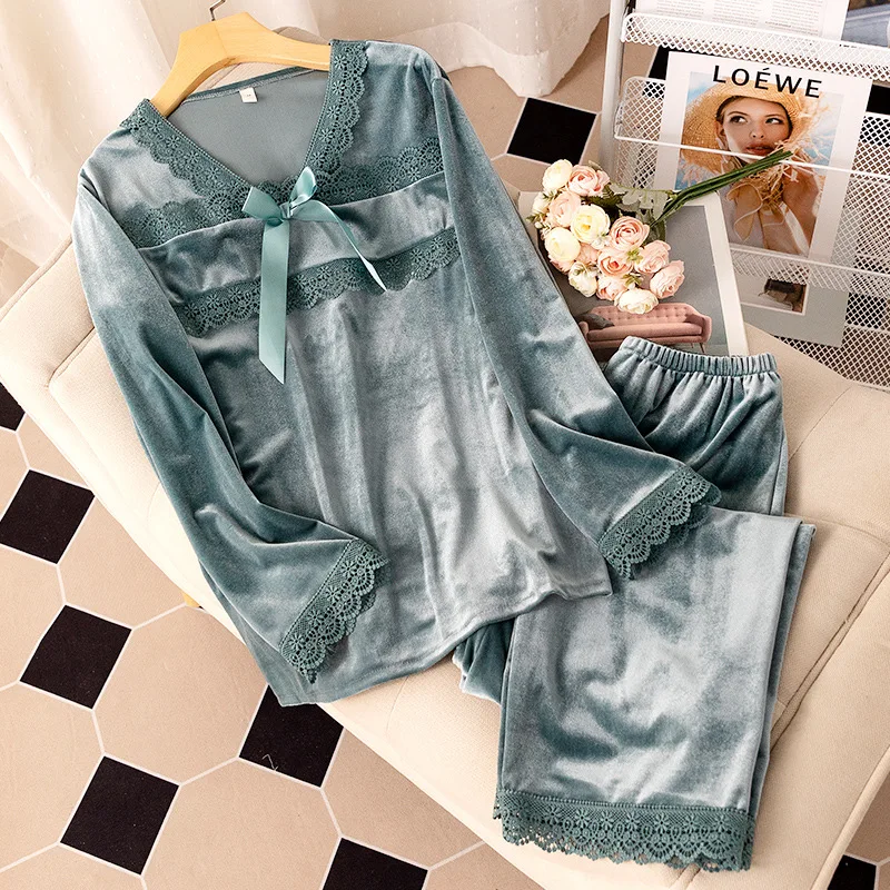 Autumn Winter Velour Sleepwear Velvet LADY Pajamas Set Nightwear Loose Casual Home Clothes Pyjamas Pour Femme 2PCS Trouser Suits