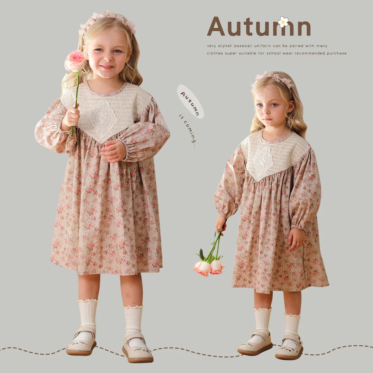 Autumn New French Retro Floral Girls\' Dress Sweet Lace Long Sleeved Children\'s Princess Dress Flower Girl Dresses for Weddings