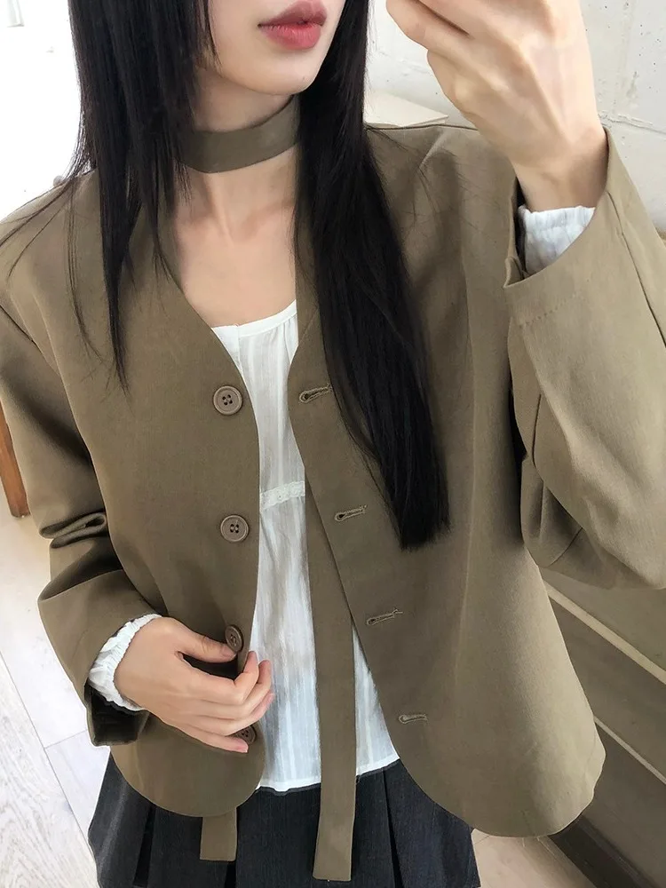 

Осенний женский костюм V-Ne на одной пуговице, универсальный Sli, приятный для поездок на работу, джет, дизайн небольшого размера, сенсация