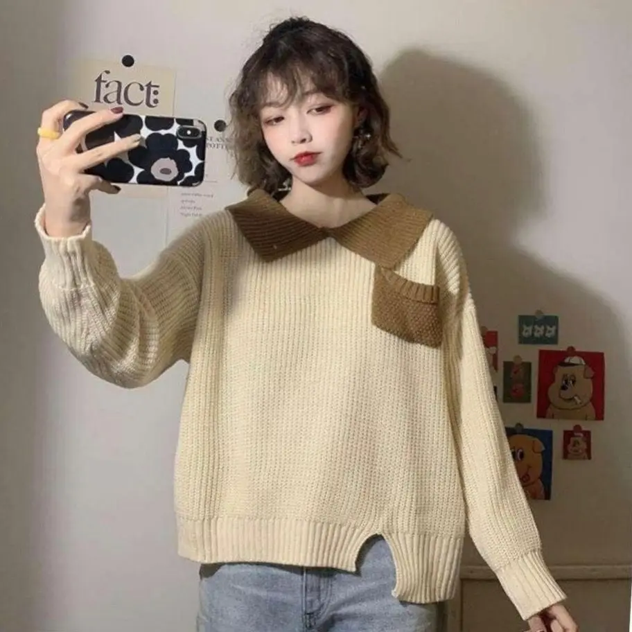 Autumn and winter Korean style tops for students with contrasting colors POLO collar loose ins long-sleeved sweater for women