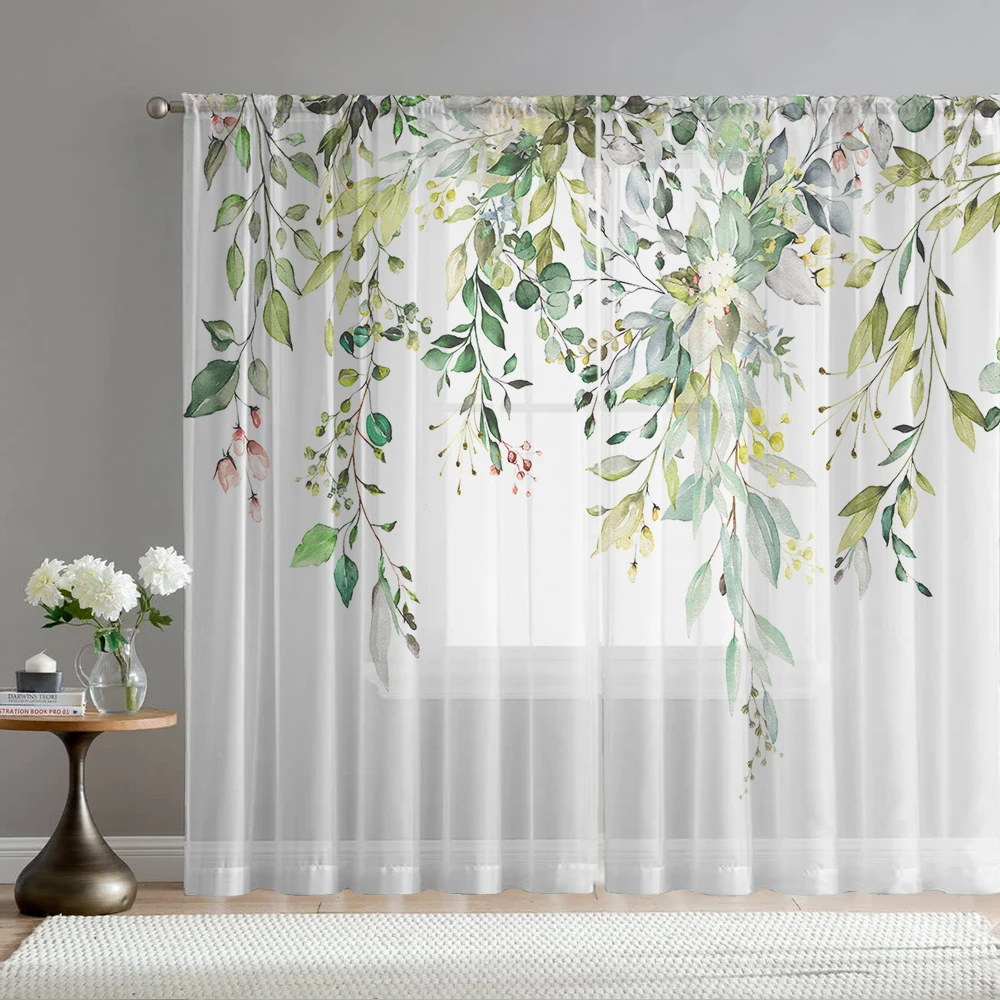 

2PCS home decoration screen window, eucalyptus minimalist print, curtains with pole pockets, kitchen, coffee shop, living room