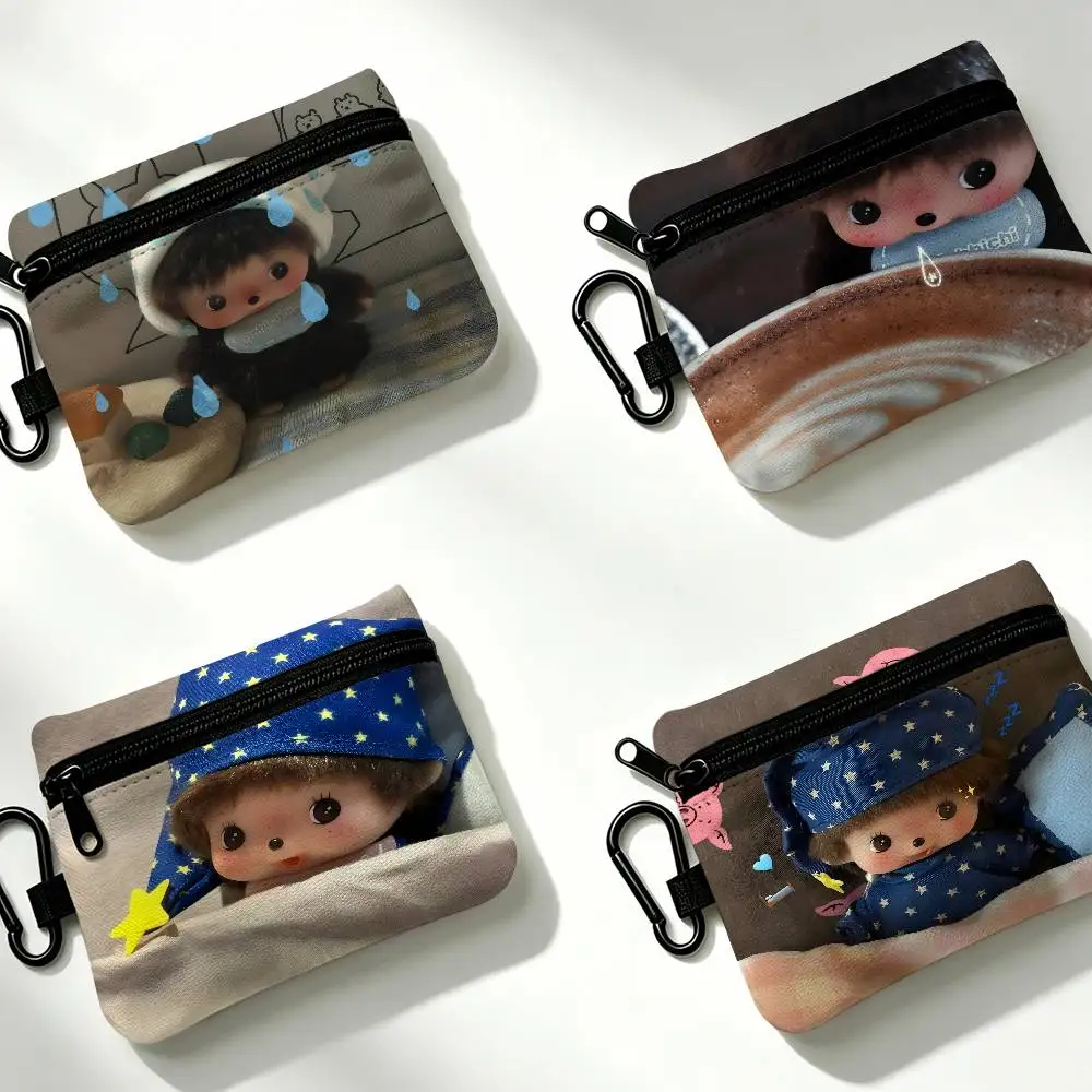 M-Monchhichi Vintage-Plush Lightweight Oxford Fabric Coin Purse Carabiner Hook Design Mini Card Key Organizer Bag