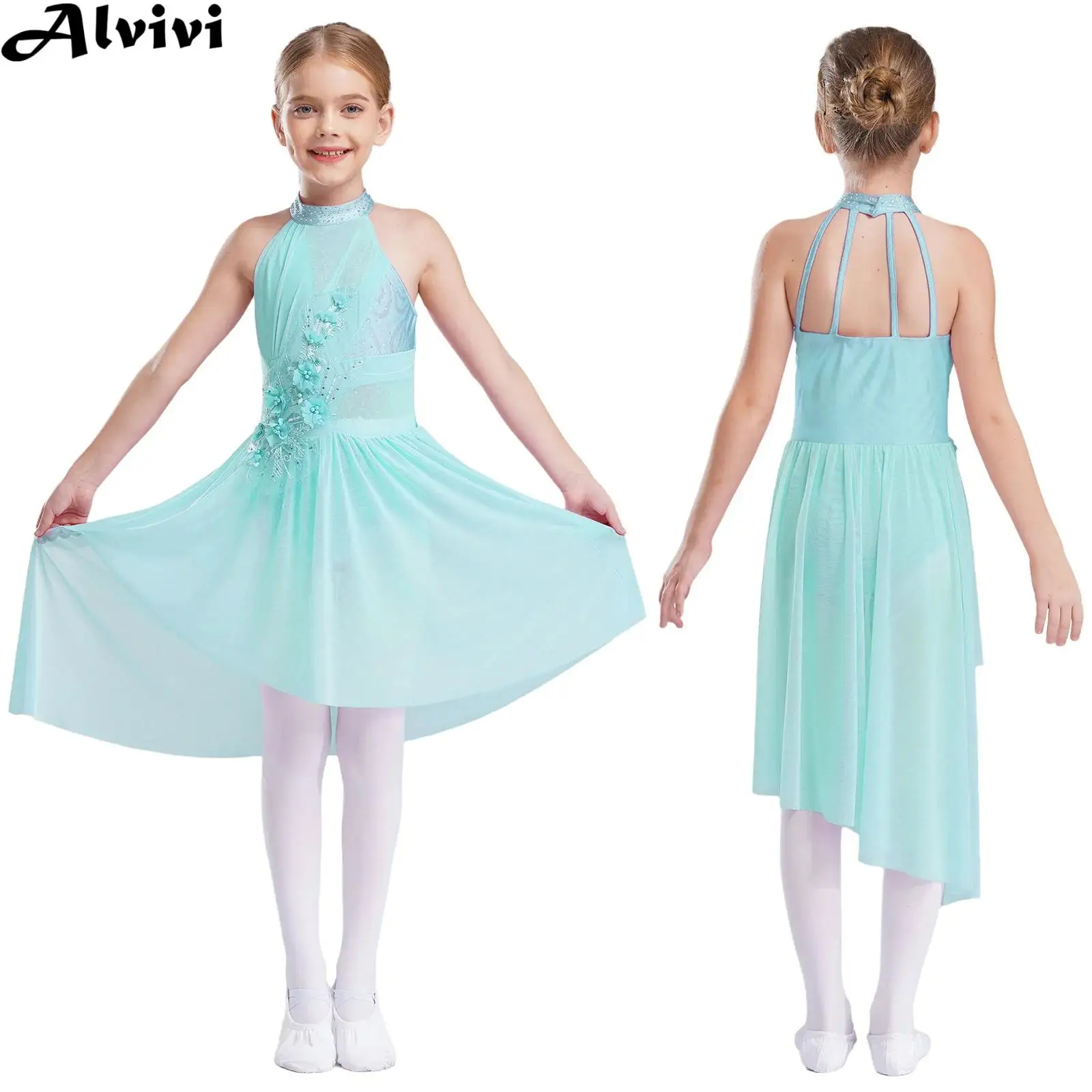 Children Girls Sleeveless Rhinestone Applique Modern Lyrical Dance Dress Figure Skating Gymnastics Ballet Leotard Tutu Dancewear