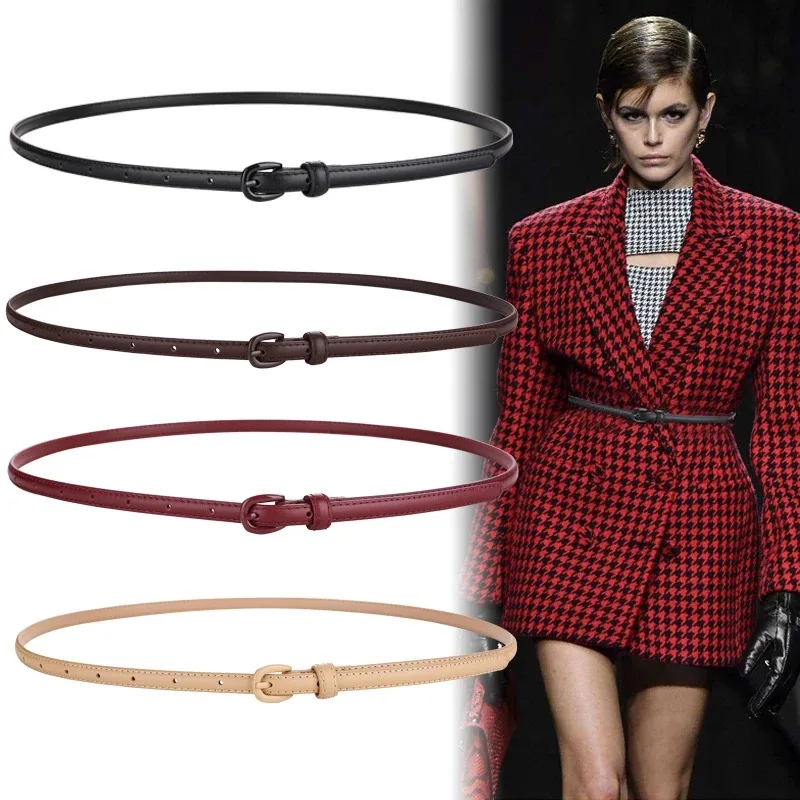 

Fashion Womens Thin Leather Belt Skinny Genuine Leather Belt for Jeans Dress in Pin Buckle Belts