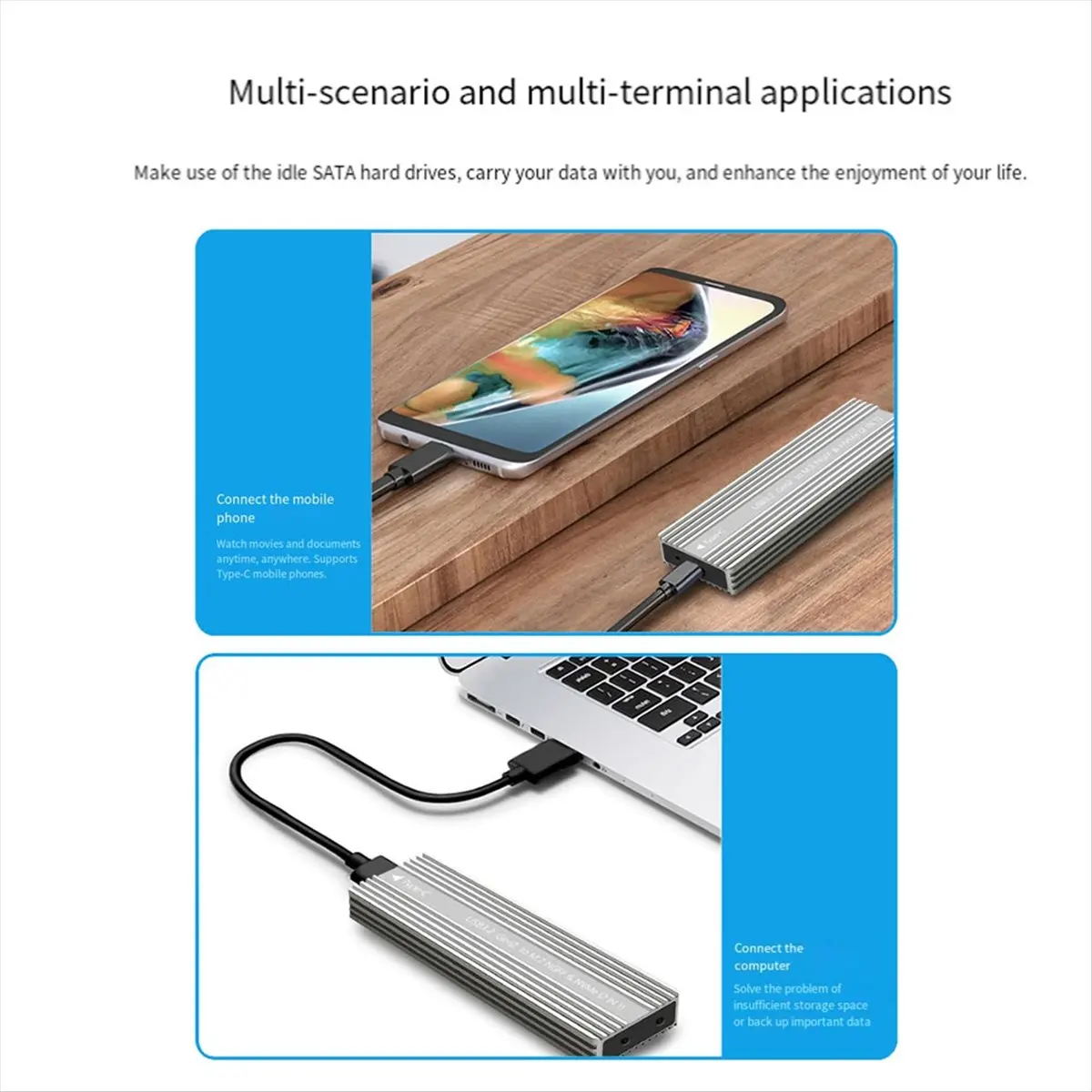 M.2 SSD Enclosure USB 3.2 Type-C Metal Case with Heat Dissipation Supports /NVMe Dual Protocol Hard Disk Box B