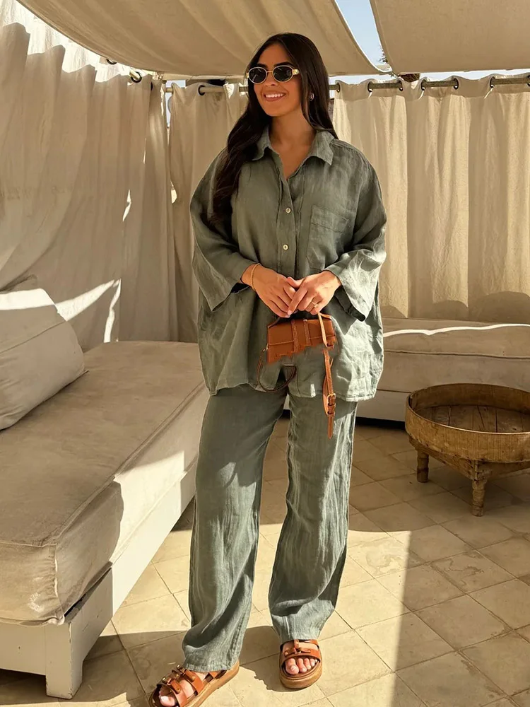 

New Summer Autumn Cotton Linen Women's Suit Fashion Shirt Two-piece Set For Women Elegant Casual Loose Woman 2 Piece Set Outfit