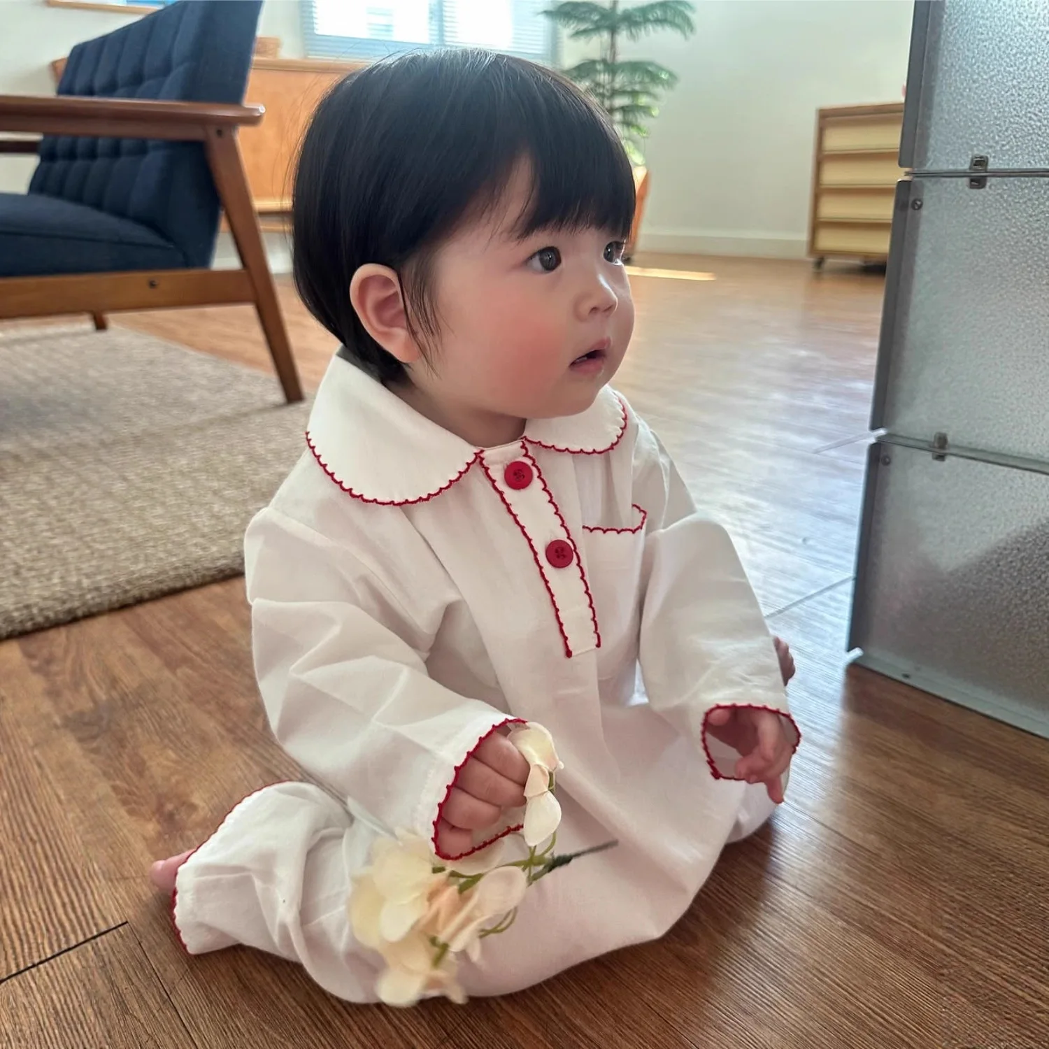 

2026 Spring New Baby Long Sleeve Home Romper Solid Simple Infant Boy Girl Cotton Lapel Jumpsuit Newborn Clothes 0-24M