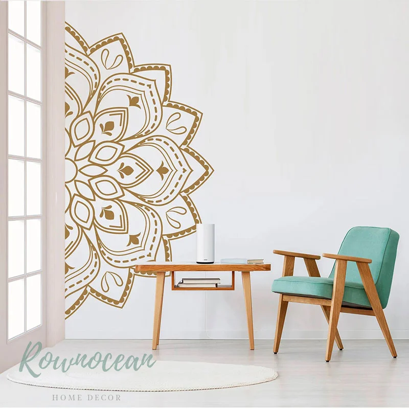 ماندالا في نصف الجدار ملصق الفينيل ديكور المنزل غرفة بوهو الهندي التأمل اليوغا الشارات للإزالة ذاتية اللصق جدارية الذهب G058